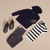 Haut en laine mérinos avec capuche et éléments à motif check - Navy