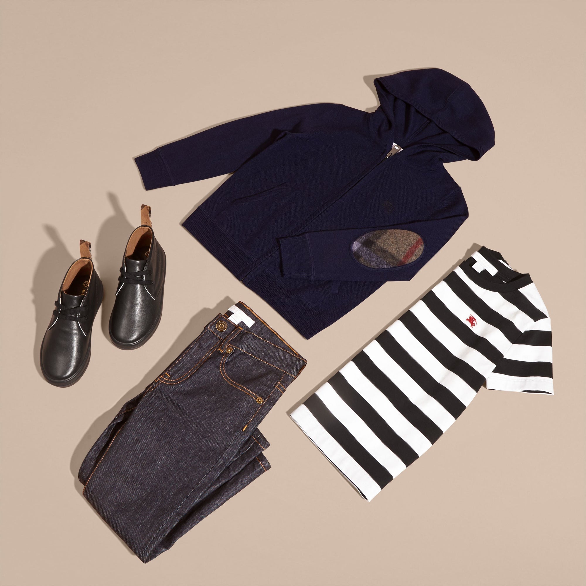 Haut en laine mérinos avec capuche et éléments à motif check - Navy