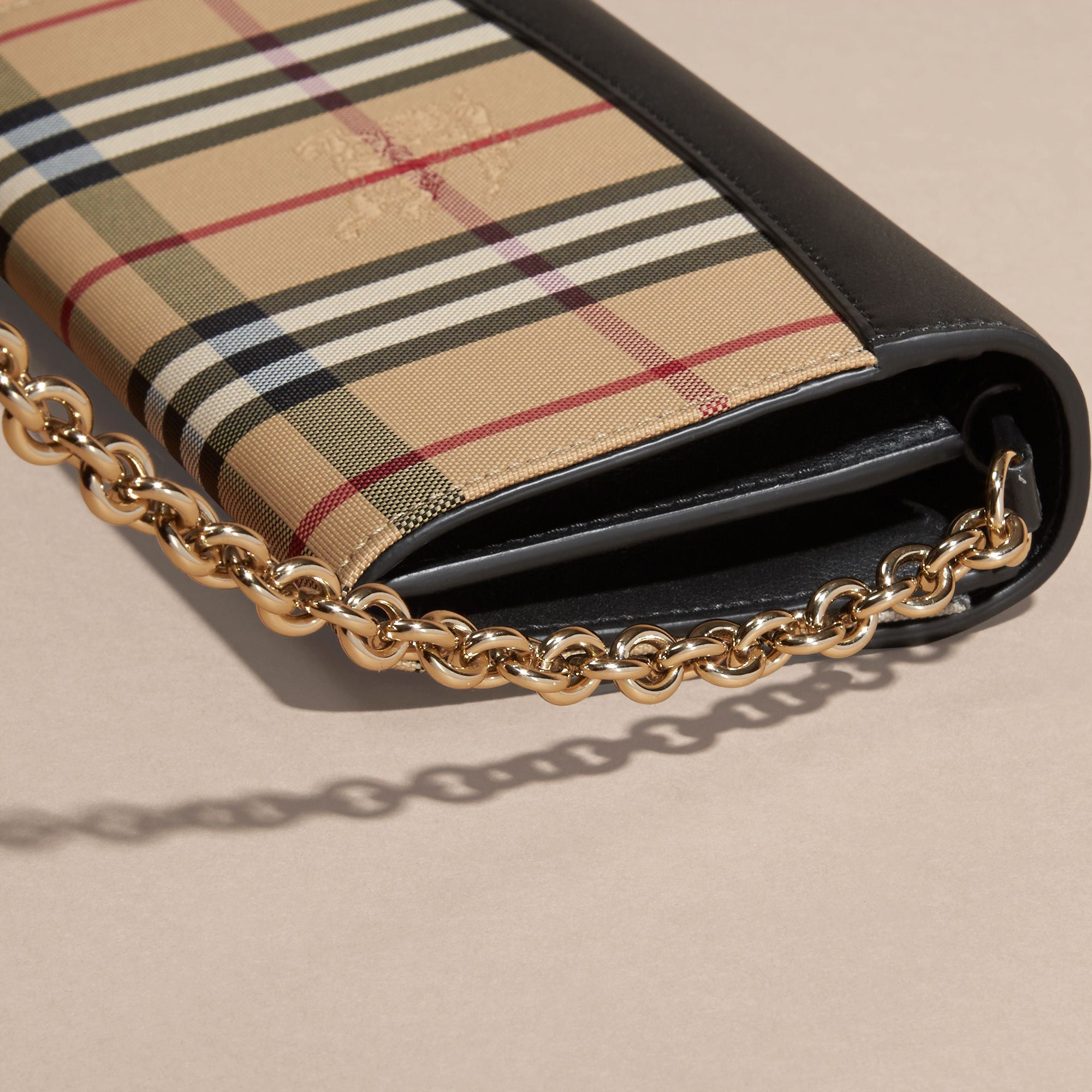 Portefeuille en tissu Horseferry check et cuir avec chaîne - Black