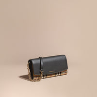 Portefeuille en tissu Horseferry check et cuir avec chaîne - Black