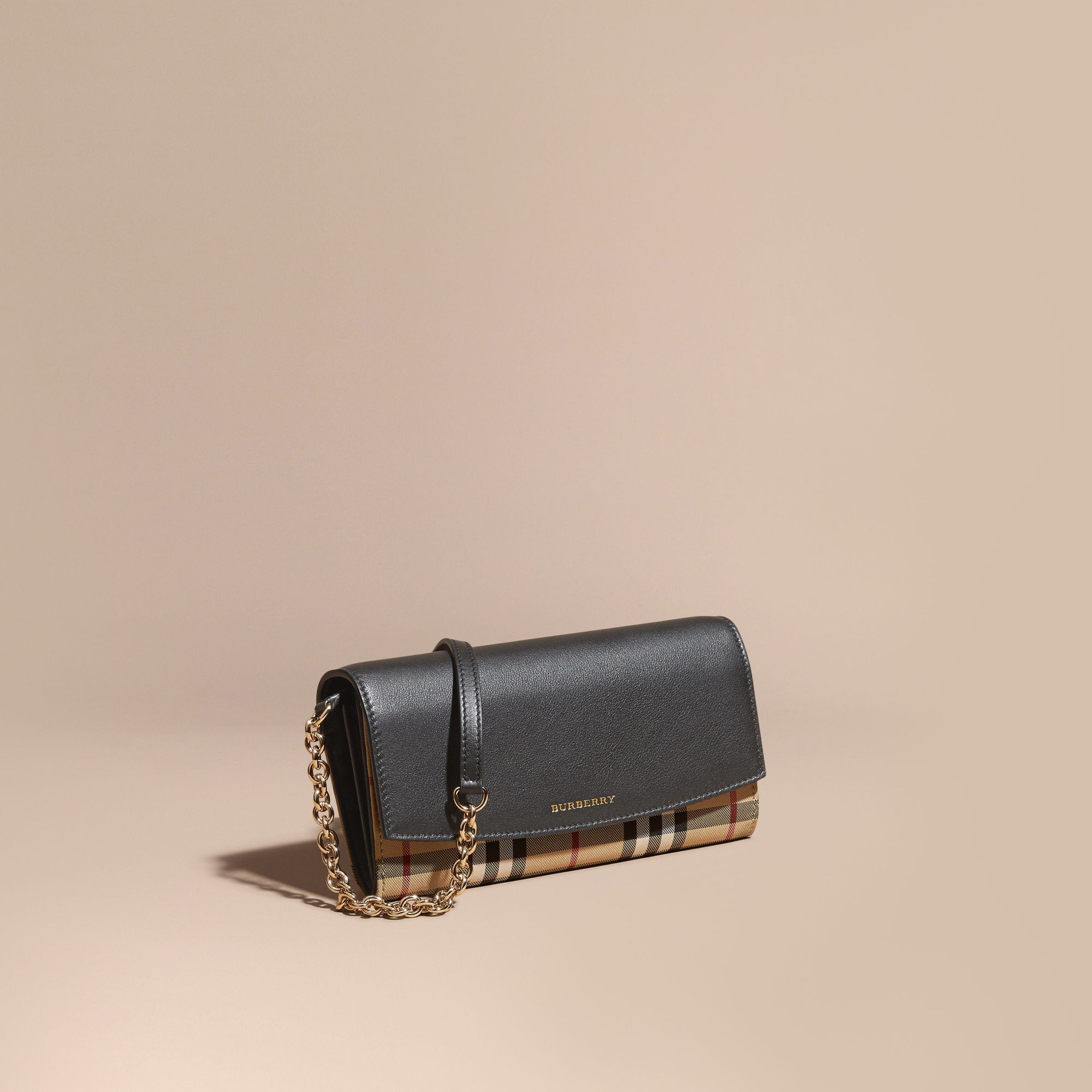 Portefeuille en tissu Horseferry check et cuir avec chaîne - Black