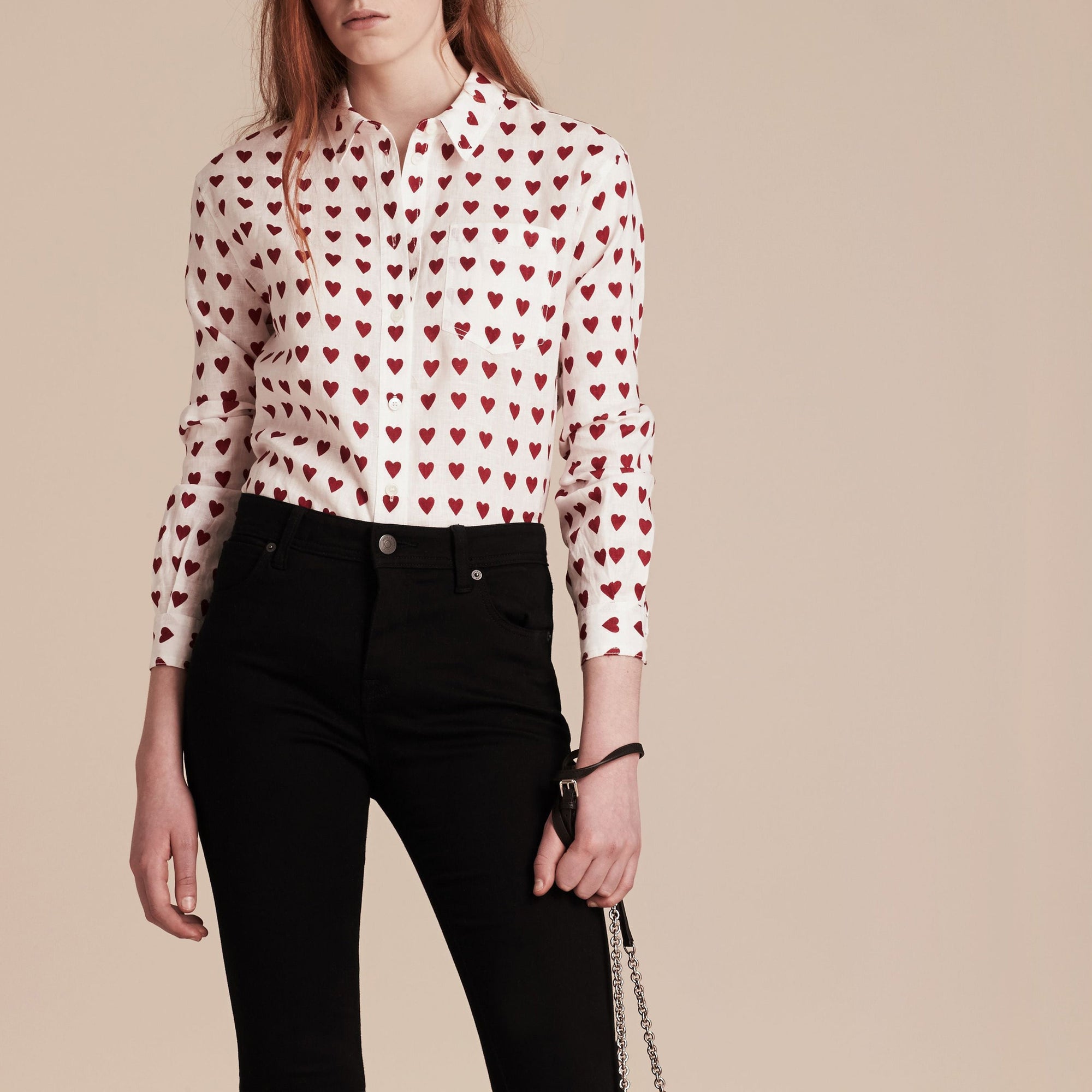 Chemise en lin avec imprimé à cœurs - Parade Red