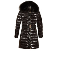 Manteau rembourré en duvet à capuche amovible bordée de fourrure - Black