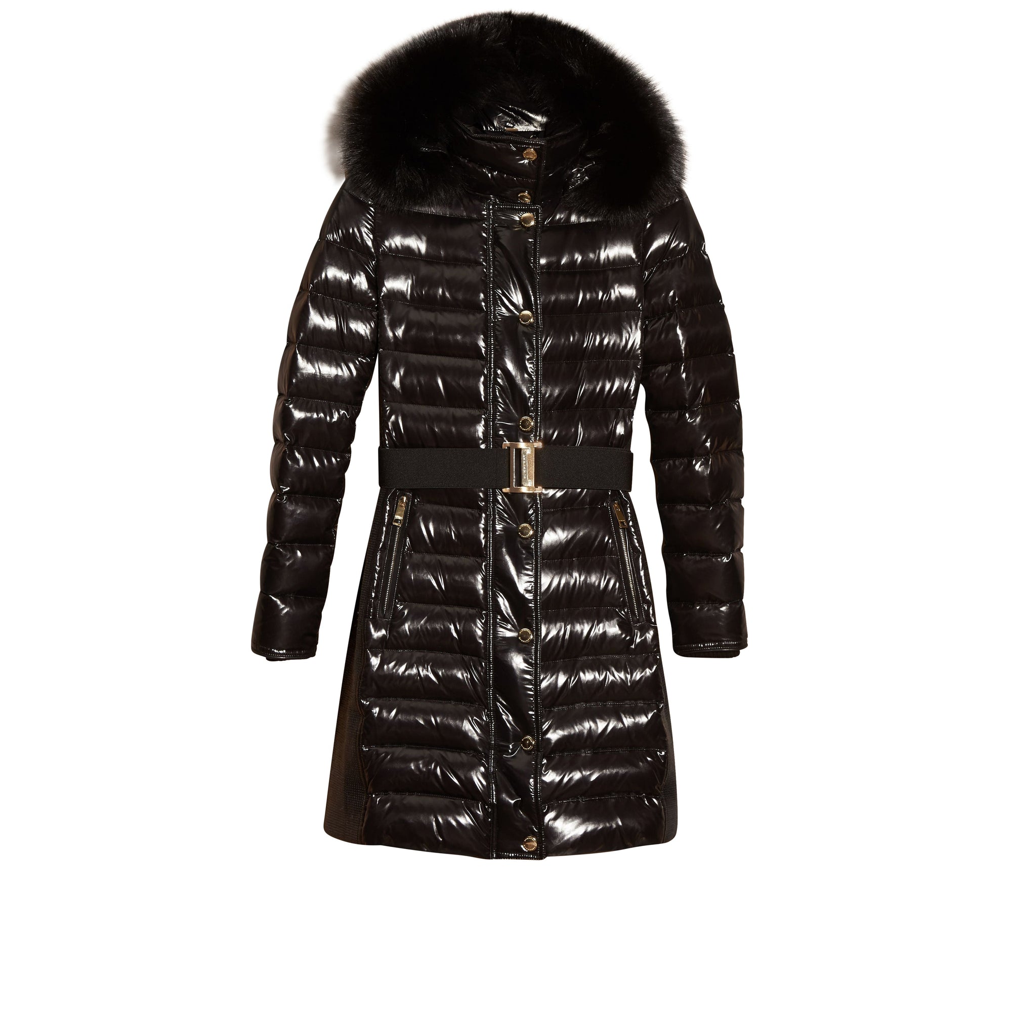 Manteau rembourré en duvet à capuche amovible bordée de fourrure - Black