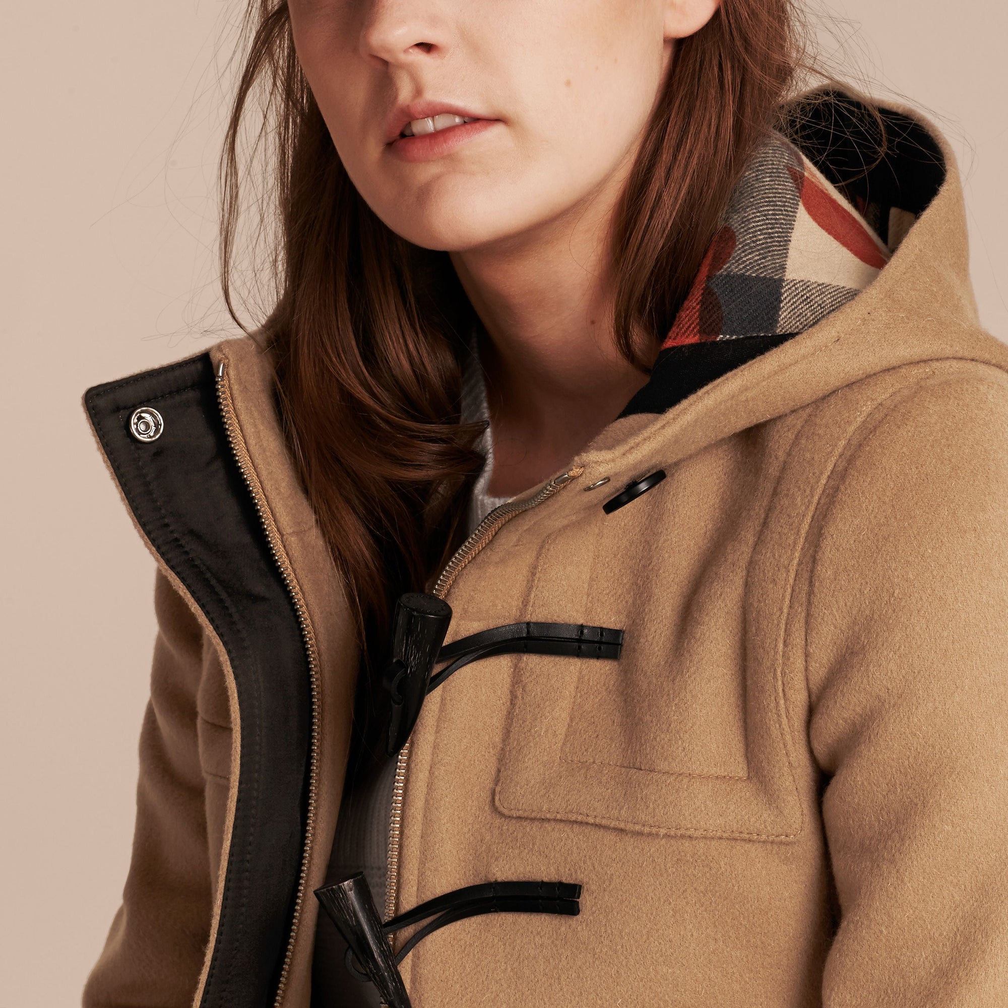 Duffle-coat en laine avec doublure à motif check et à cœurs - New Camel