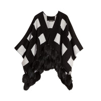 Poncho à pompons en cachemire tissé & fourrure de raton laveur - Black & White