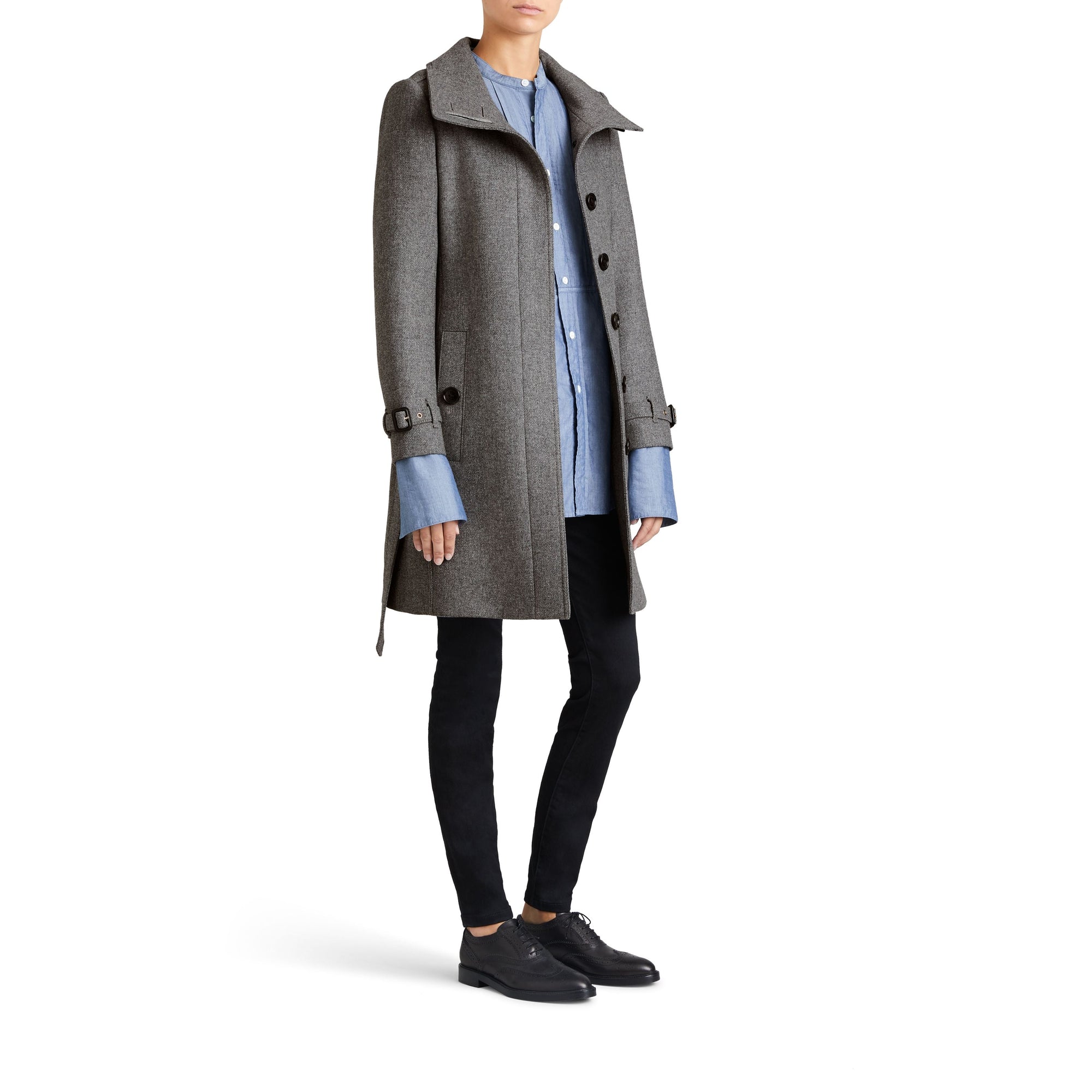 Manteau en laine technique et cachemire avec col entonnoir - Steel Grey Melange