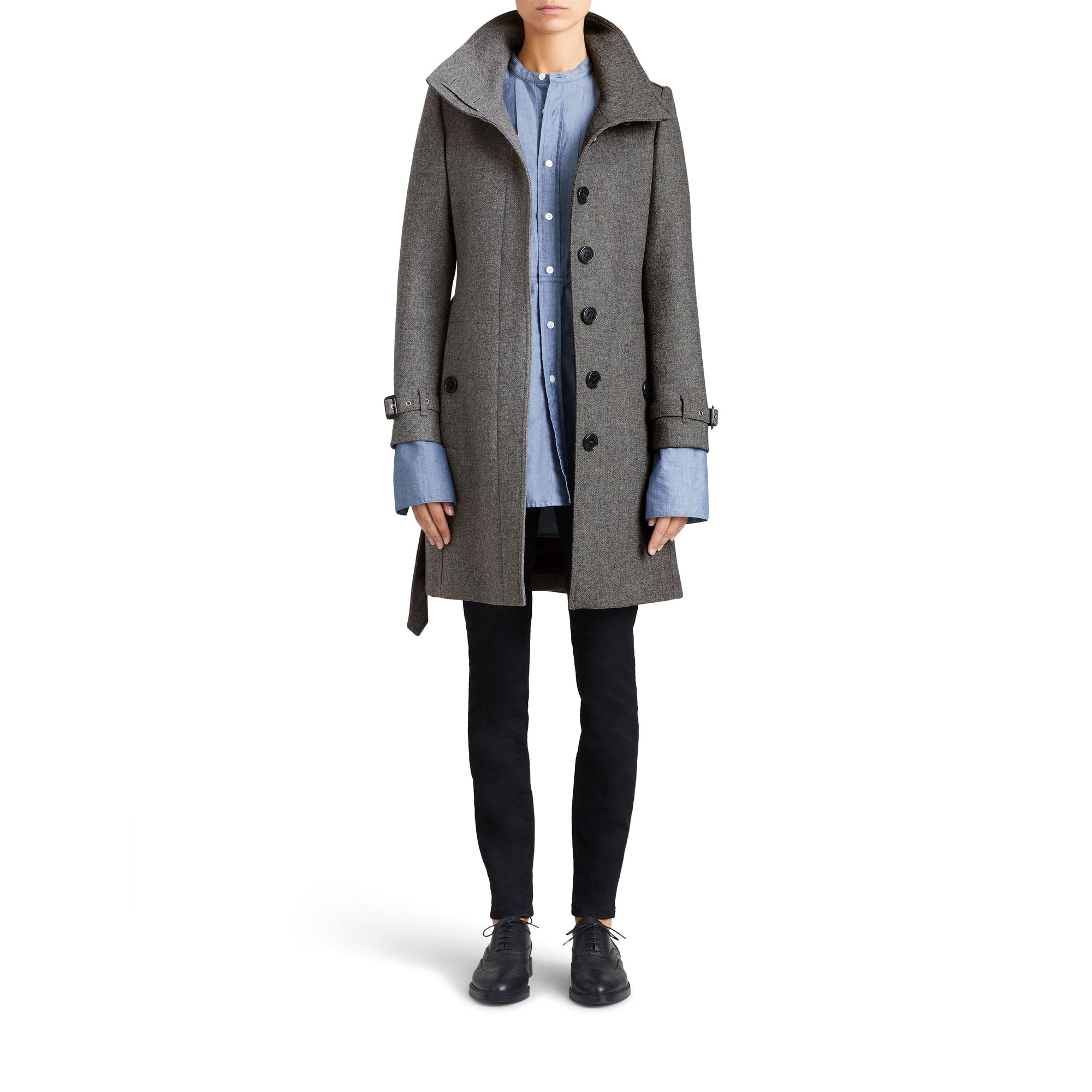 Manteau en laine technique et cachemire avec col entonnoir - Steel Grey Melange