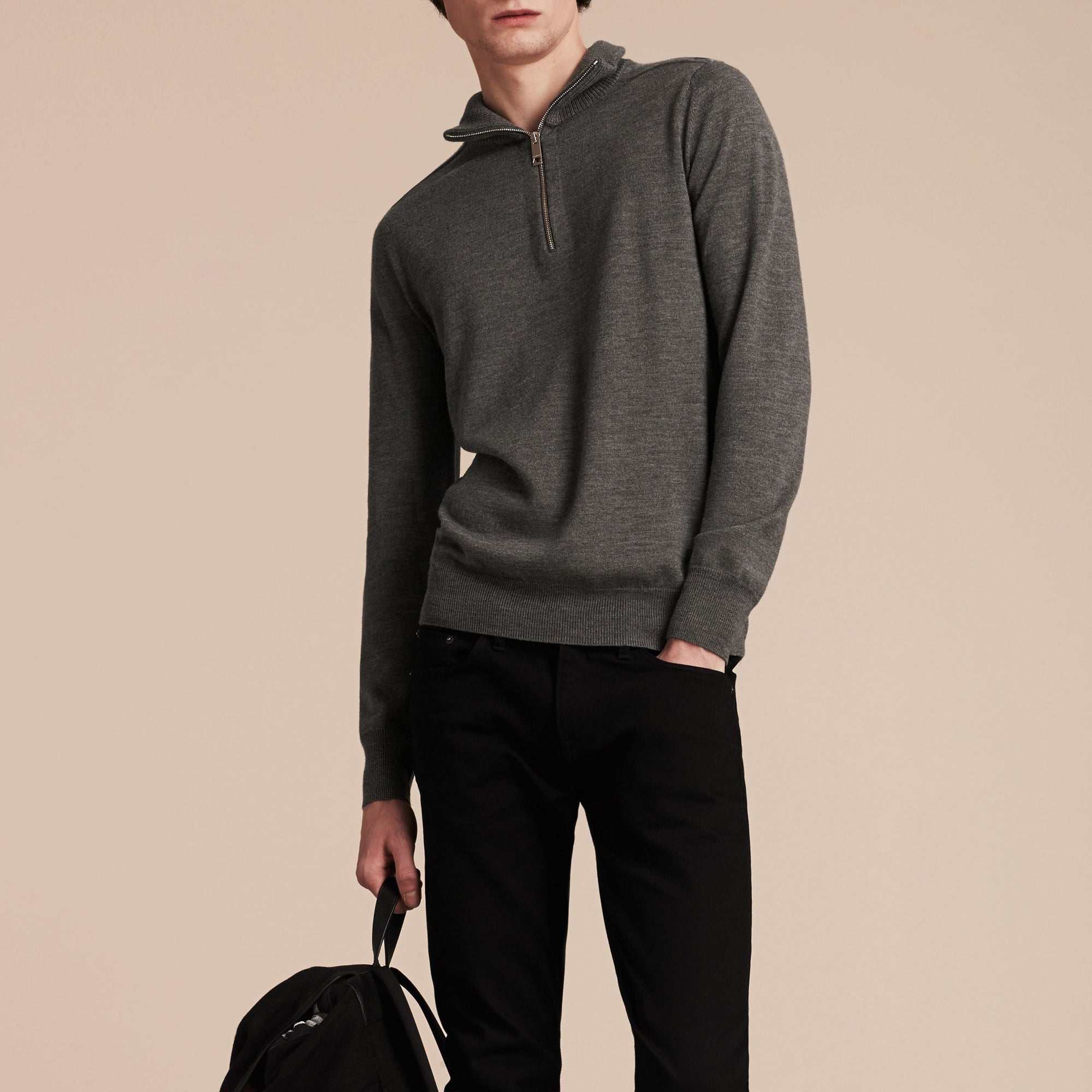 Pull en laine mérinos à col zippé - Mid Grey Melange