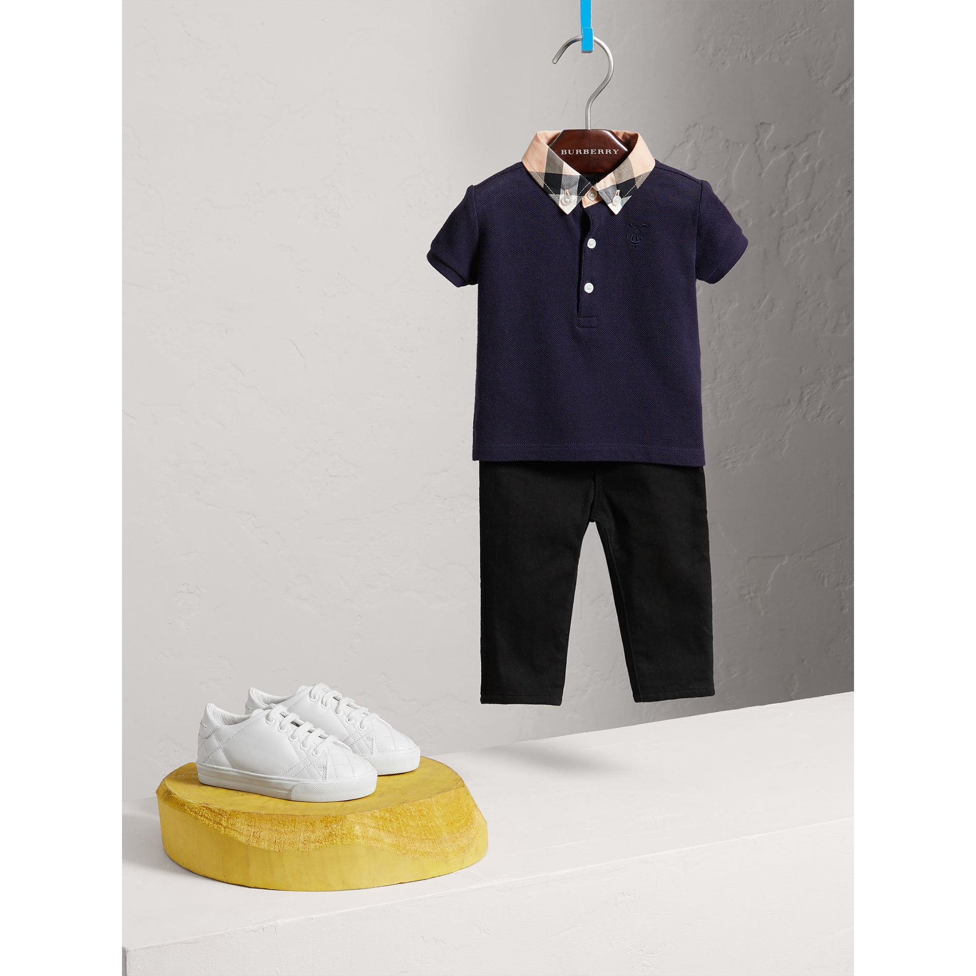 Polo en coton avec col à motif check - True Navy