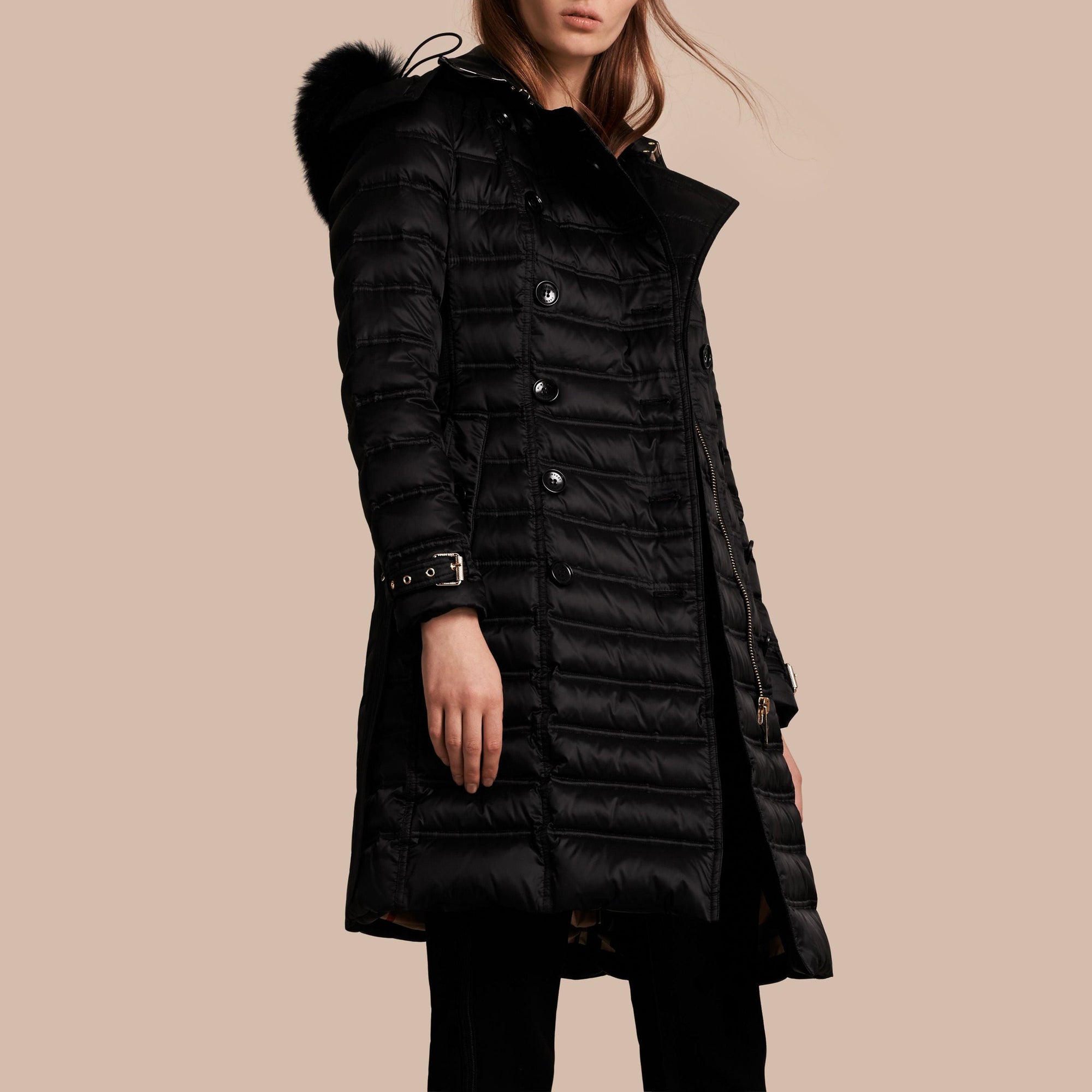 Doudoune longue rembourrée en duvet avec bordure en fourrure - Black