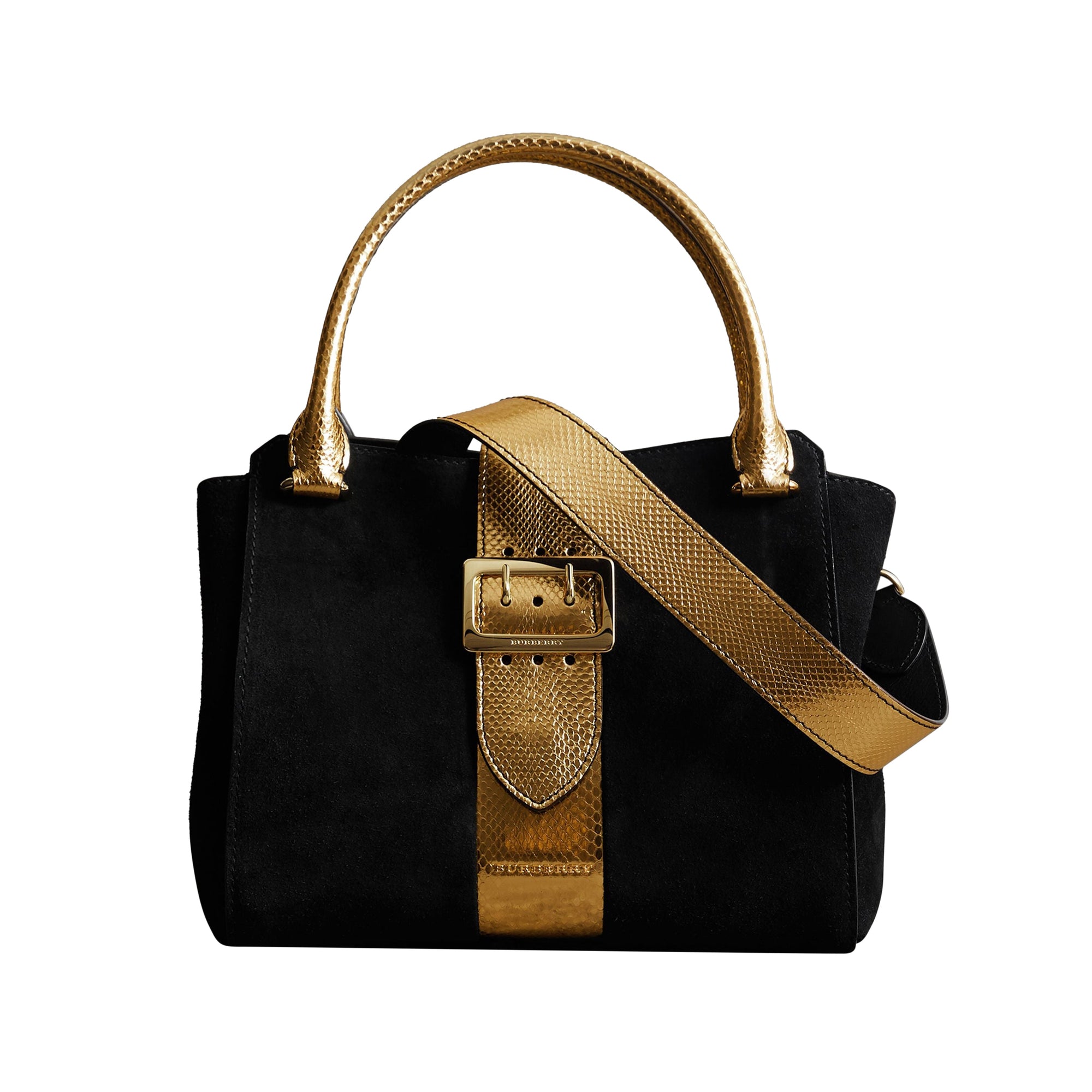 Sac tote The Buckle moyen en cuir velours et peau de serpent - Black & Gold
