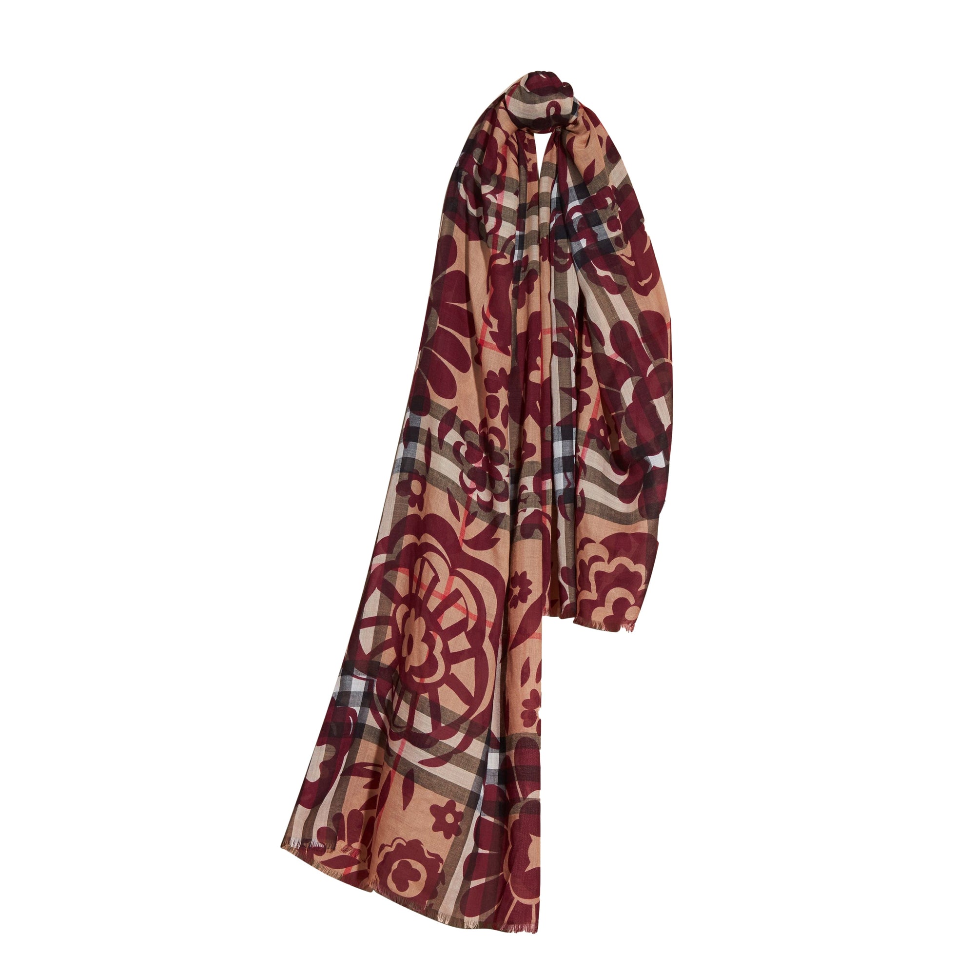 Foulard en laine et soie à motif check et imprimé floral - Crimson