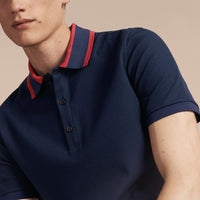 Polo en piqué de coton avec col rayé - Navy Blue