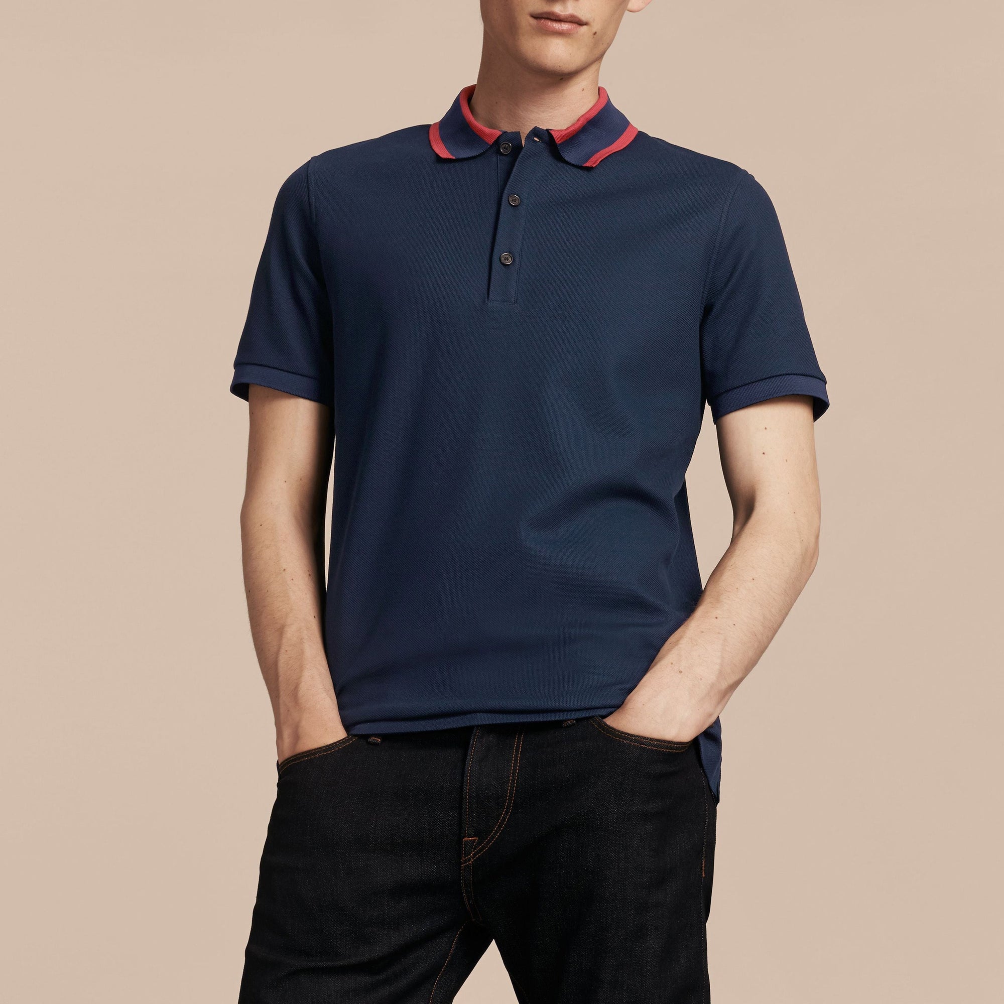 Polo en piqué de coton avec col rayé - Navy Blue