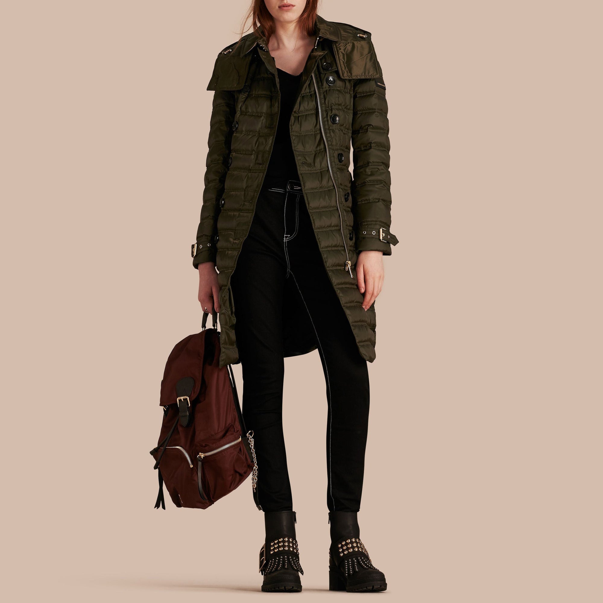 Doudoune longue rembourrée en duvet avec capuche amovible - Dark Olive