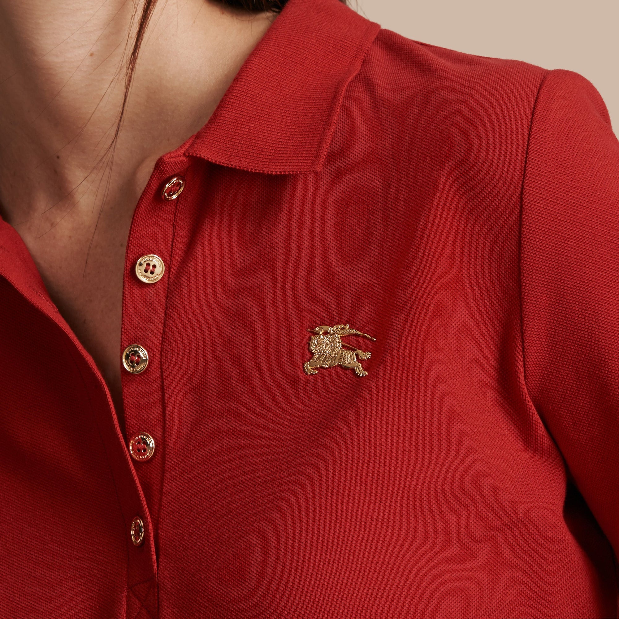 Polo à manches longues en piqué de coton extensible - Military Red