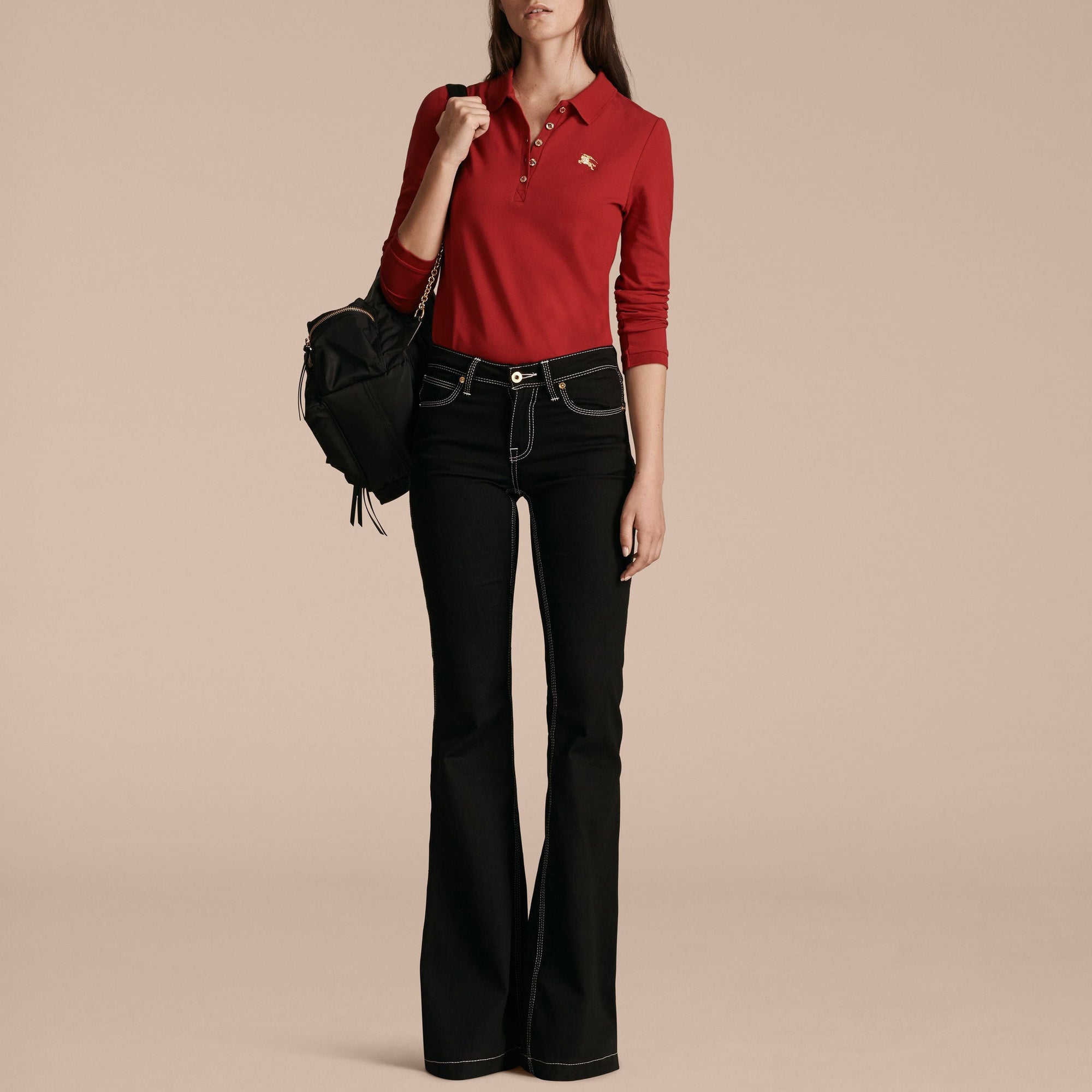Polo à manches longues en piqué de coton extensible - Military Red