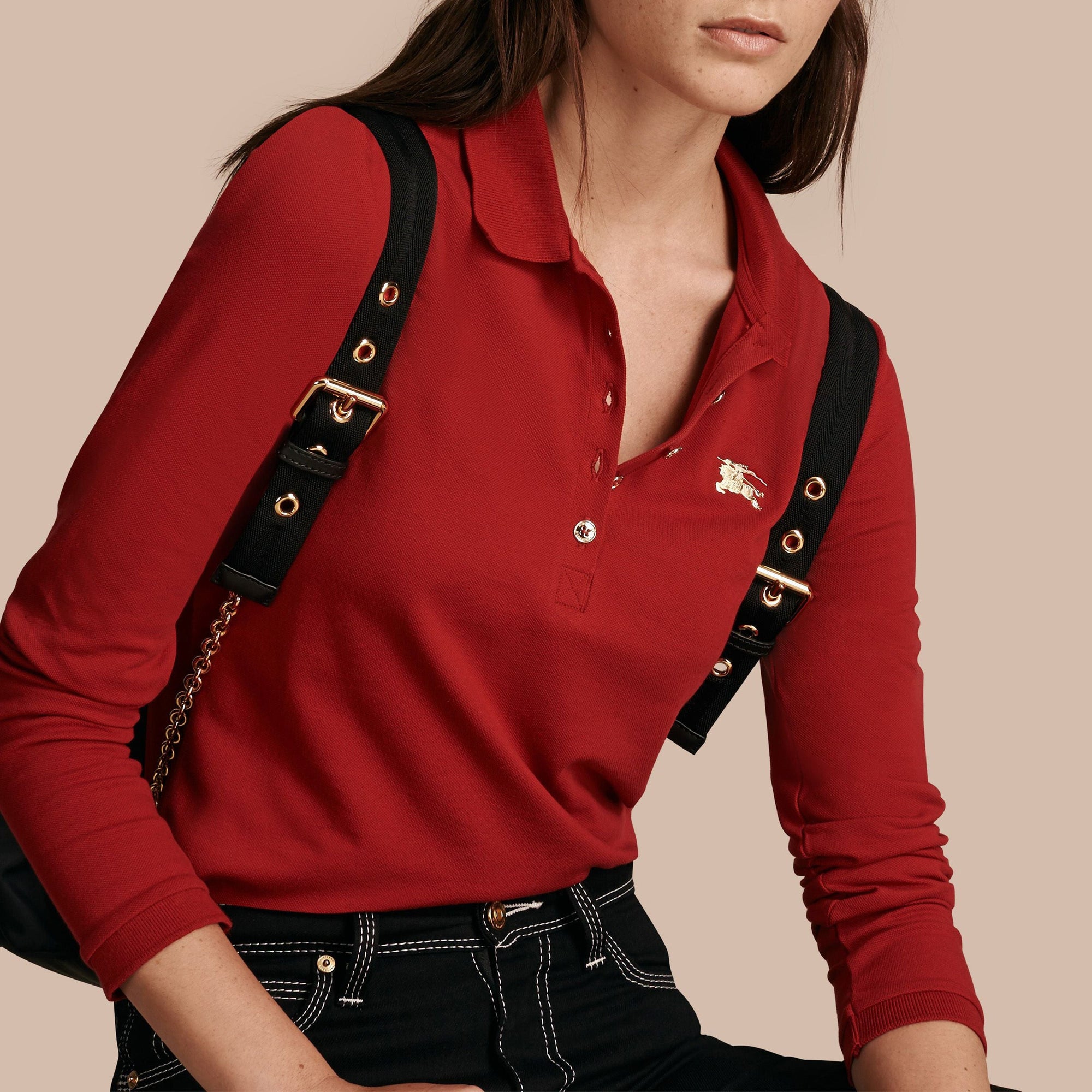 Polo à manches longues en piqué de coton extensible - Military Red