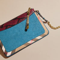Clutch en cuir coton House check et peau de serpent - Peacock Blue