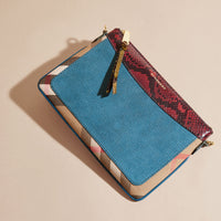 Clutch en cuir coton House check et peau de serpent - Peacock Blue