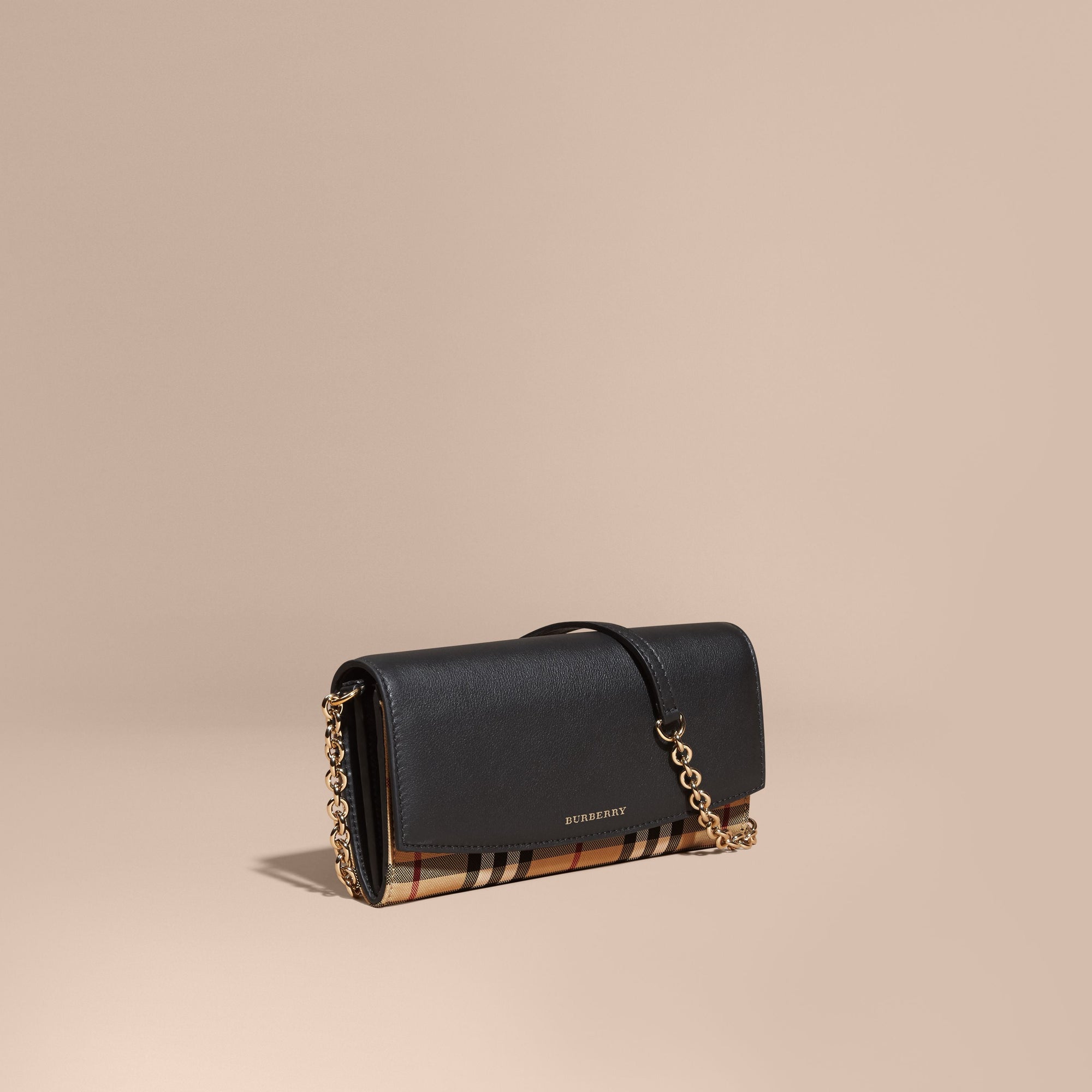 Portefeuille en tissu Horseferry check et cuir avec chaîne - Black