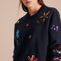 Sweat-shirt en coton avec appliqué floral à sequins - Navy