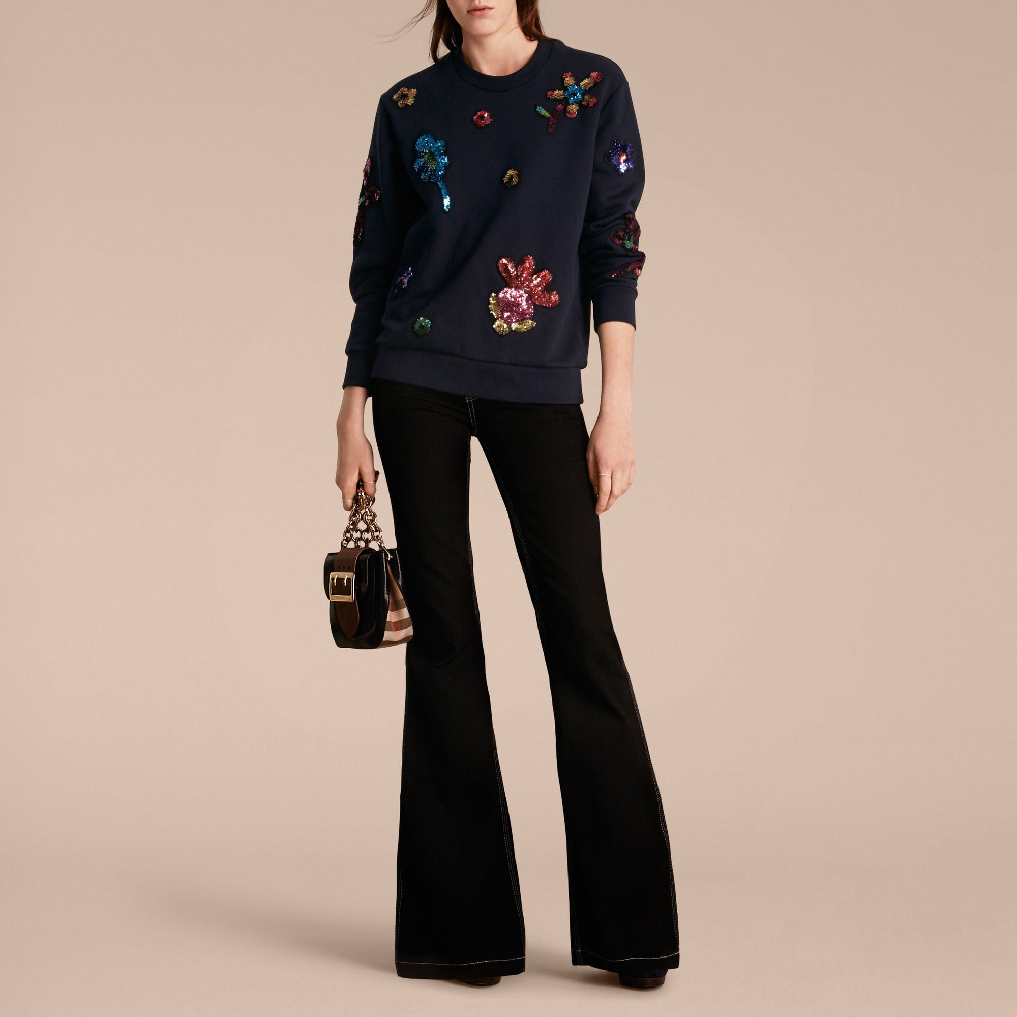 Sweat-shirt en coton avec appliqué floral à sequins - Navy