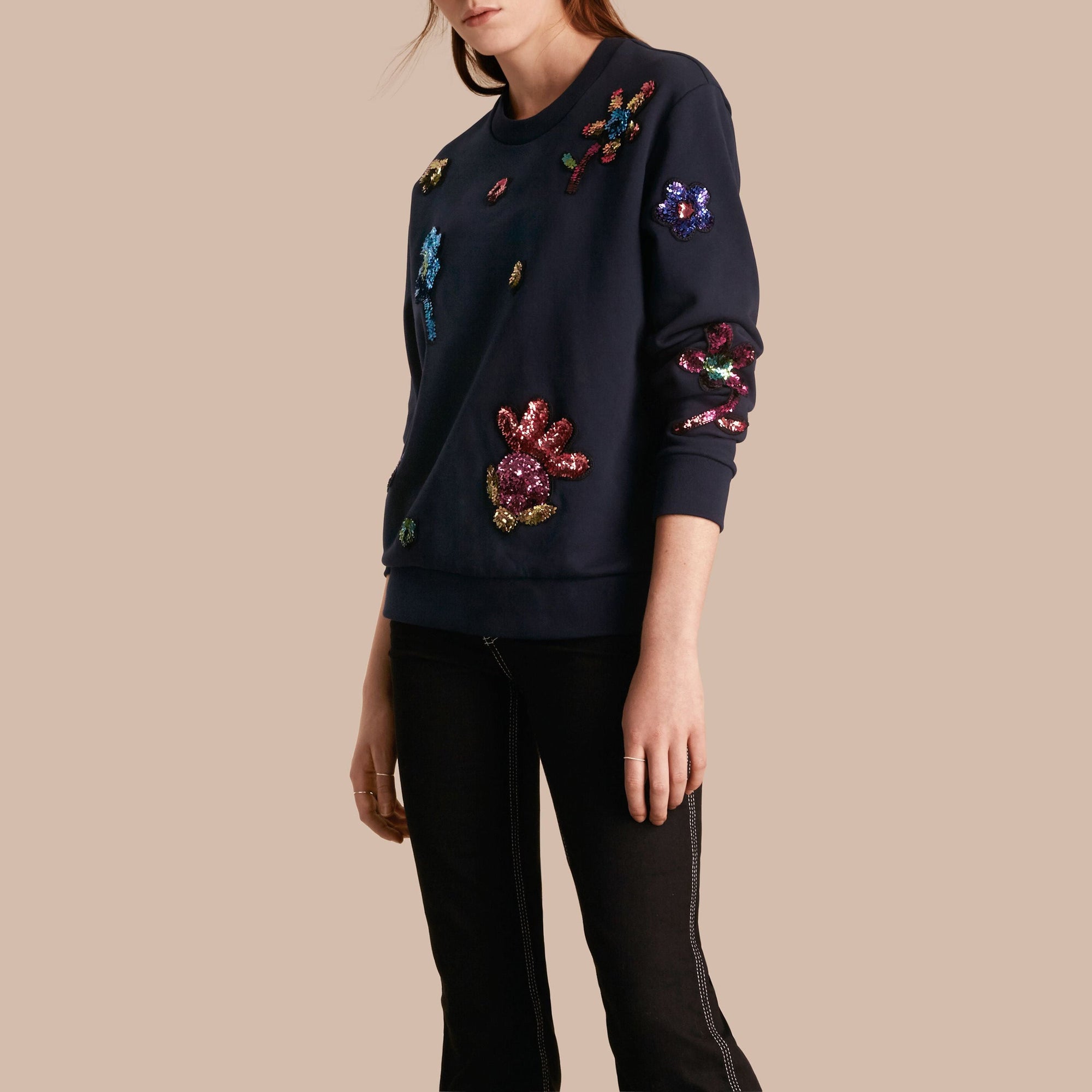 Sweat-shirt en coton avec appliqué floral à sequins - Navy