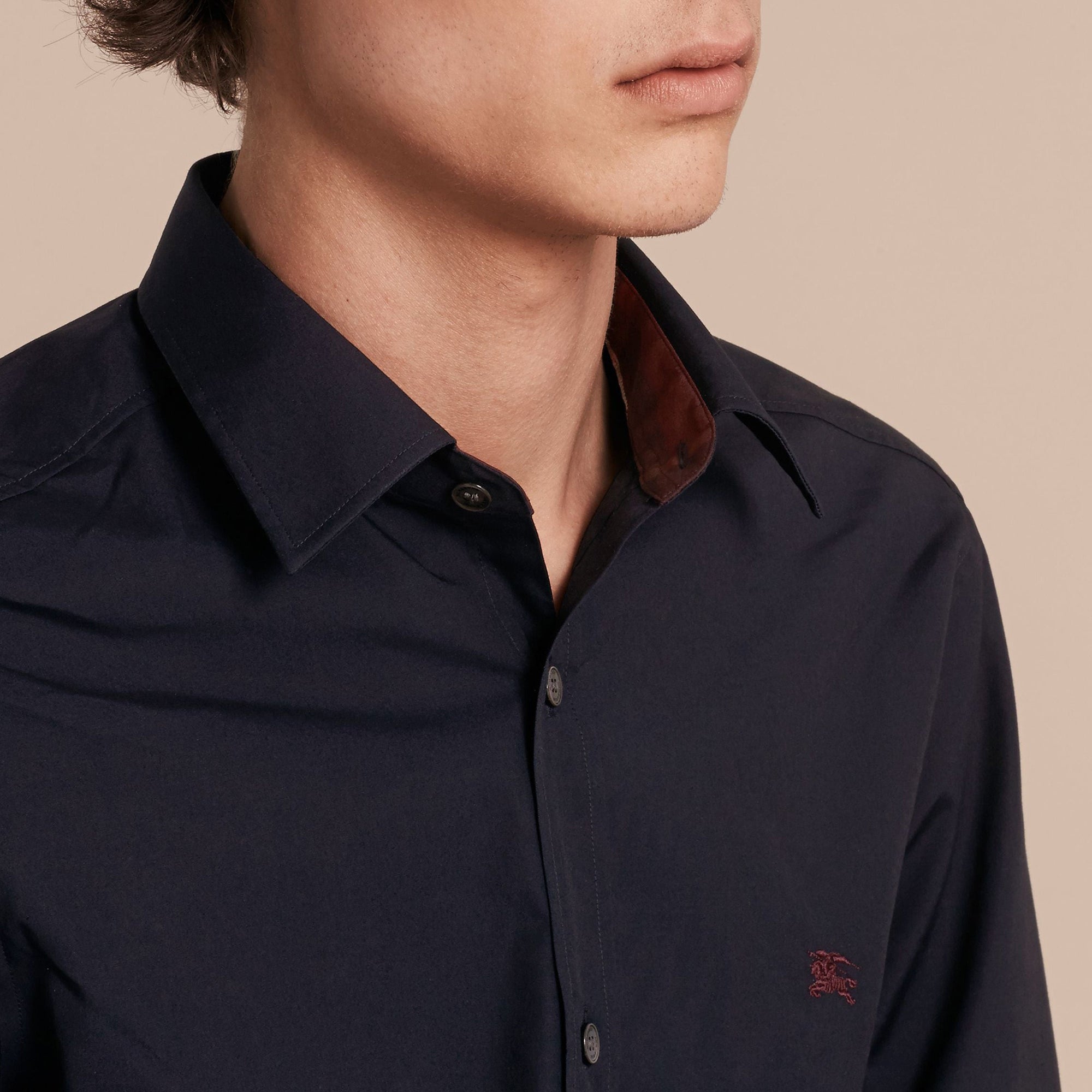 Chemise en coton extensible avec éléments check - Navy