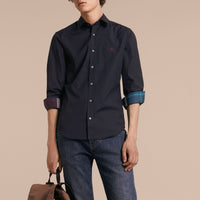 Chemise en coton extensible avec éléments check - Navy