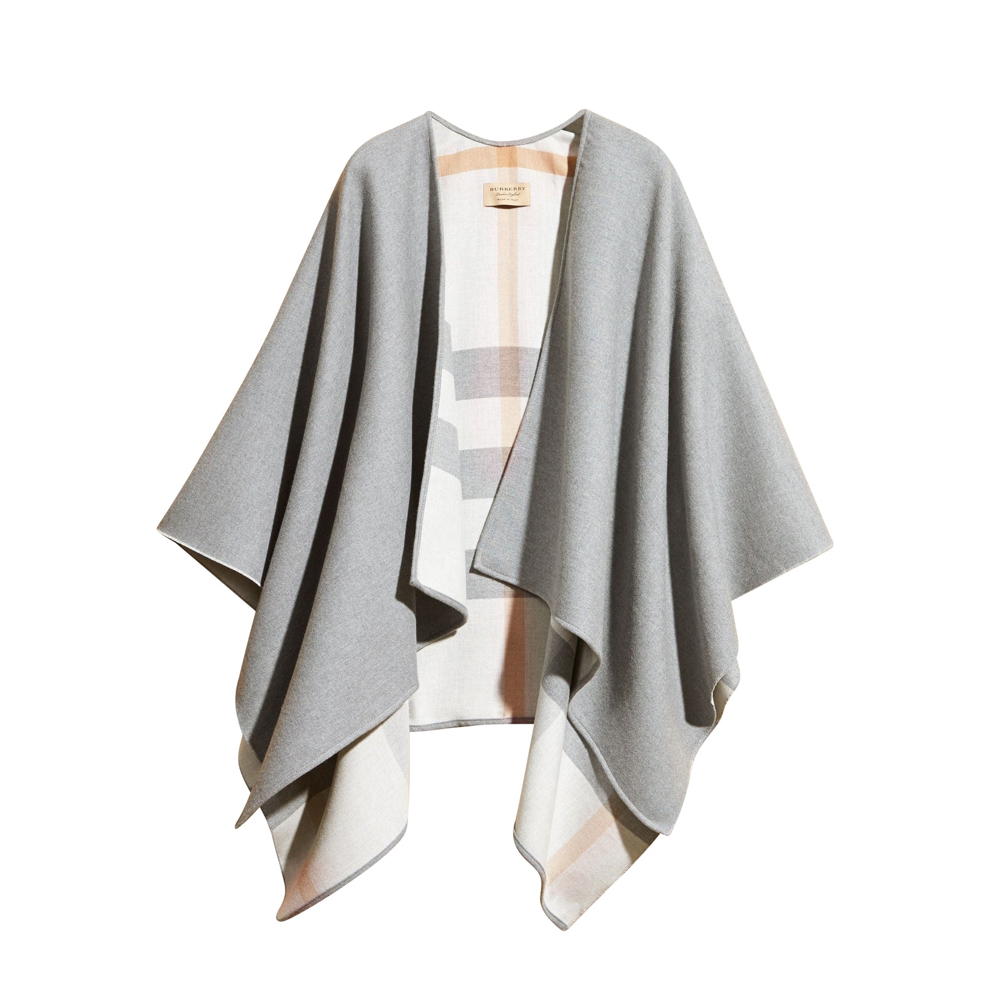 Poncho réversible en laine mérinos à motif check - Light Grey