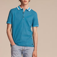 Polo en piqué de coton avec col rayé - Bright Turquoise