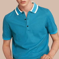 Polo en piqué de coton avec col rayé - Bright Turquoise