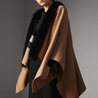Poncho en laine mérinos détails en fourrure de renard - Camel