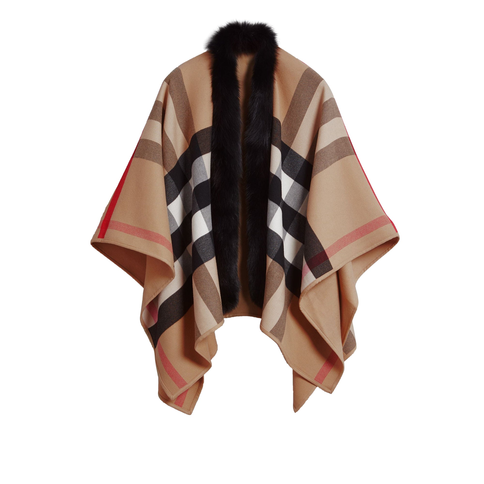 Poncho en laine mérinos détails en fourrure de renard - Camel