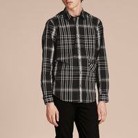 Chemise en coton lin et soie à motif check - Black