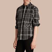 Chemise en coton lin et soie à motif check - Black