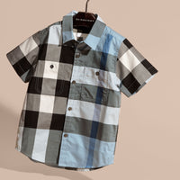 Chemise en coton à manches courtes avec motif check - Pale Blue