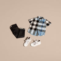 Chemise en coton à manches courtes avec motif check - Pale Blue