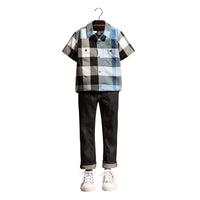 Chemise en coton à manches courtes avec motif check - Pale Blue