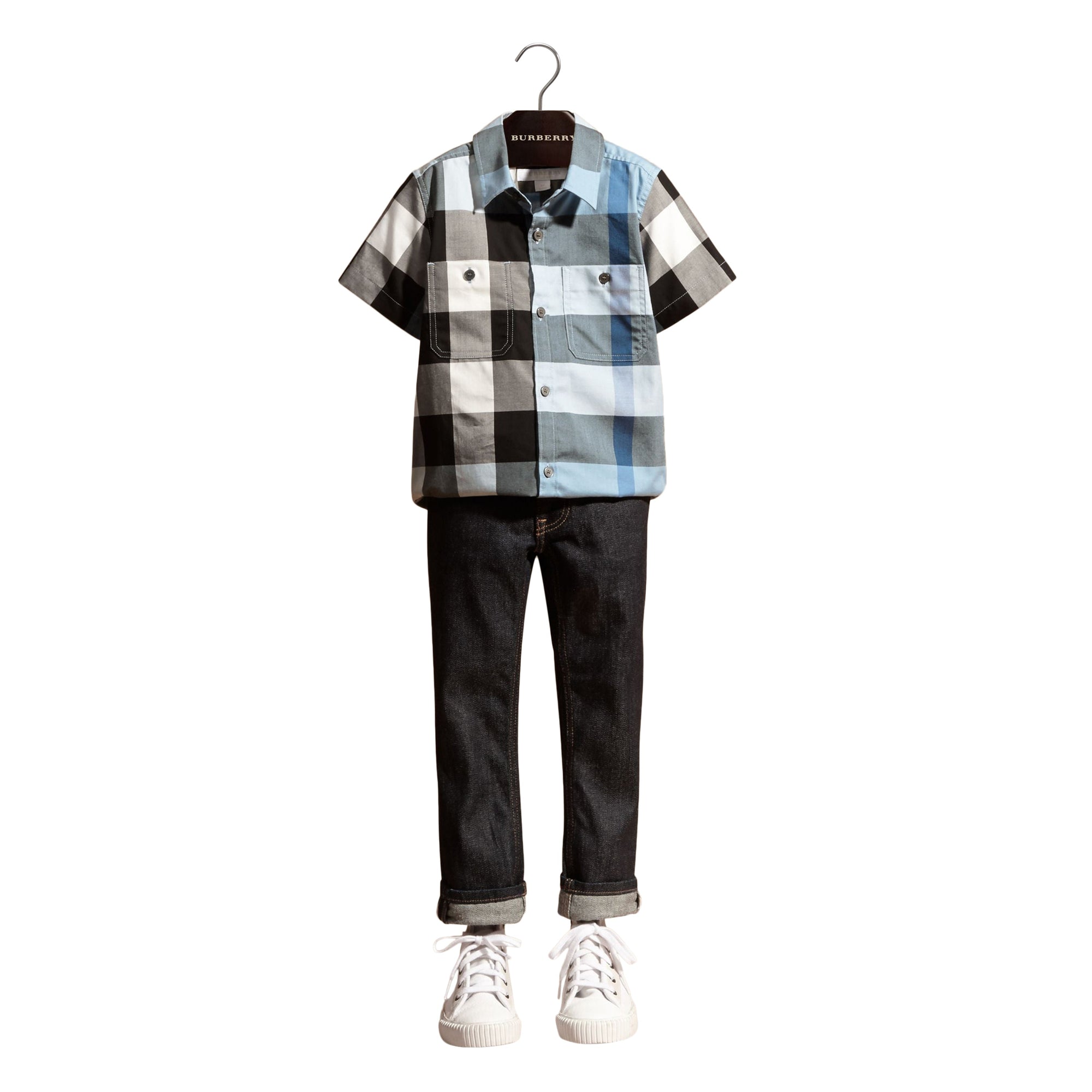 Chemise en coton à manches courtes avec motif check - Pale Blue