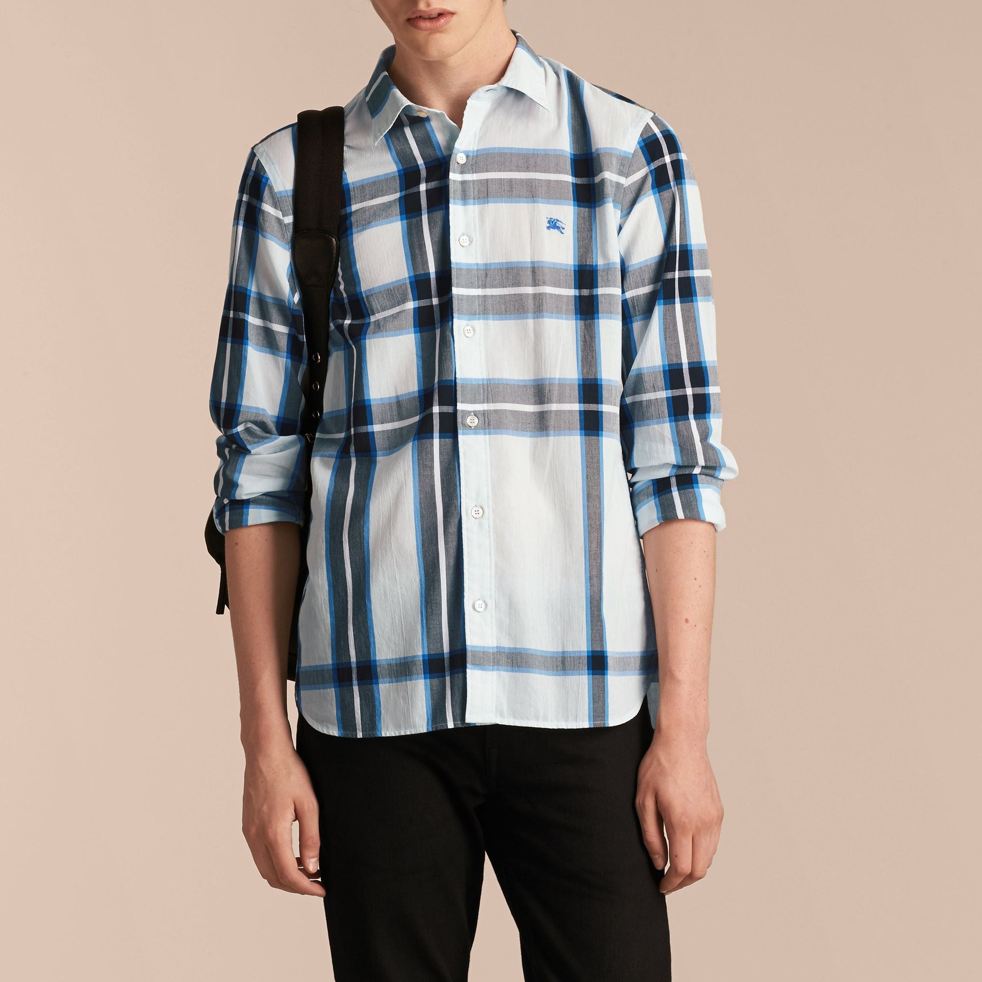 Chemise en coton à motif check - Light Blue