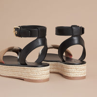 Sandales espadrilles à plateforme en cuir et coton House check - Black
