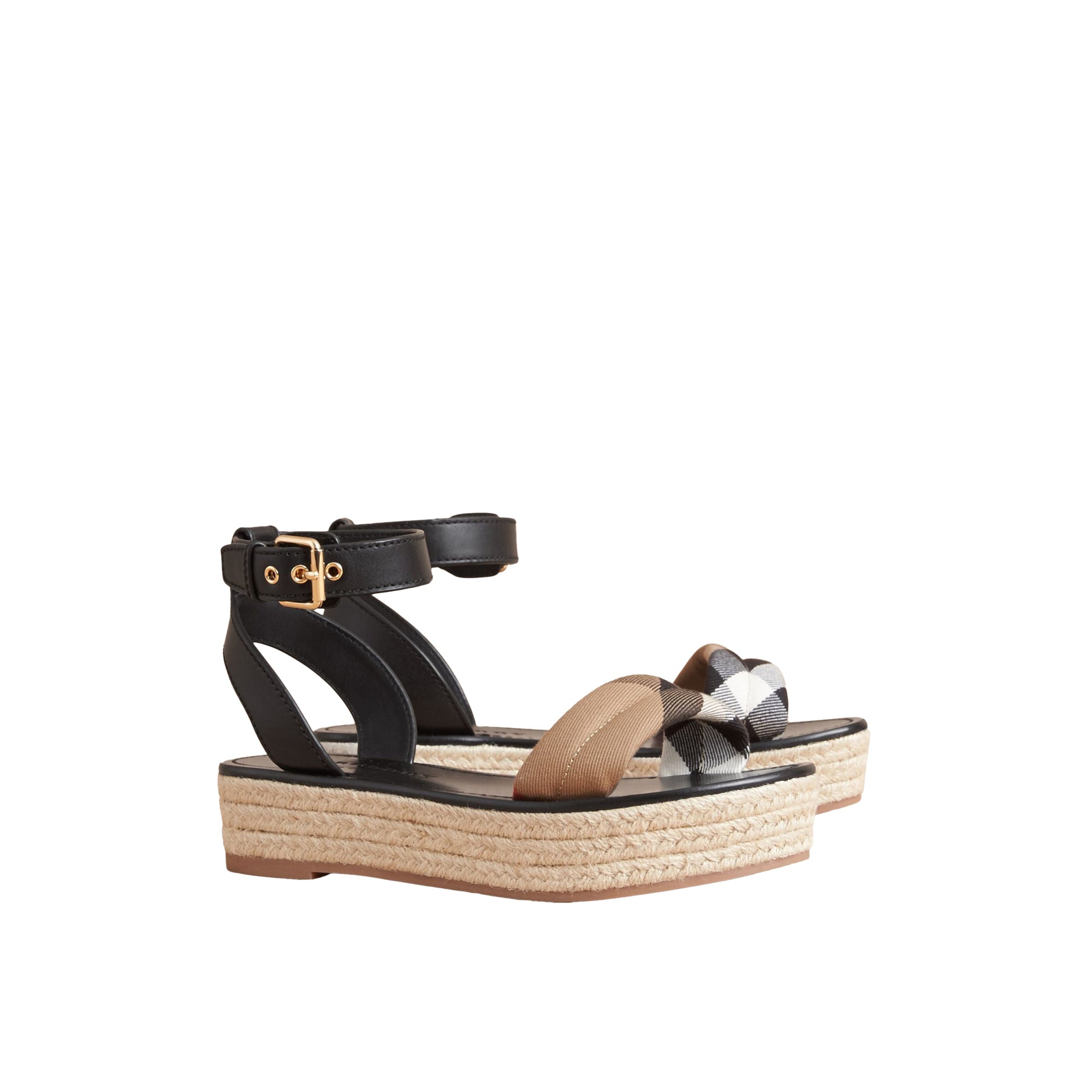 Sandales espadrilles à plateforme en cuir et coton House check - Black