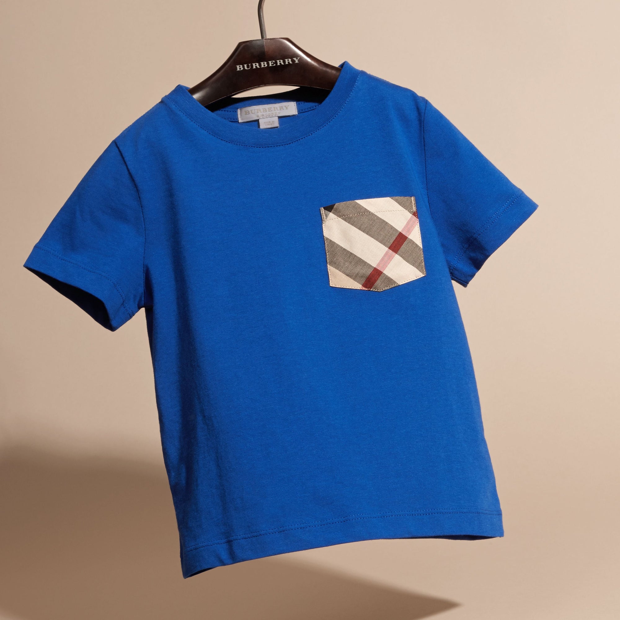 T-shirt en coton avec poche à motif check - Brilliant Blue