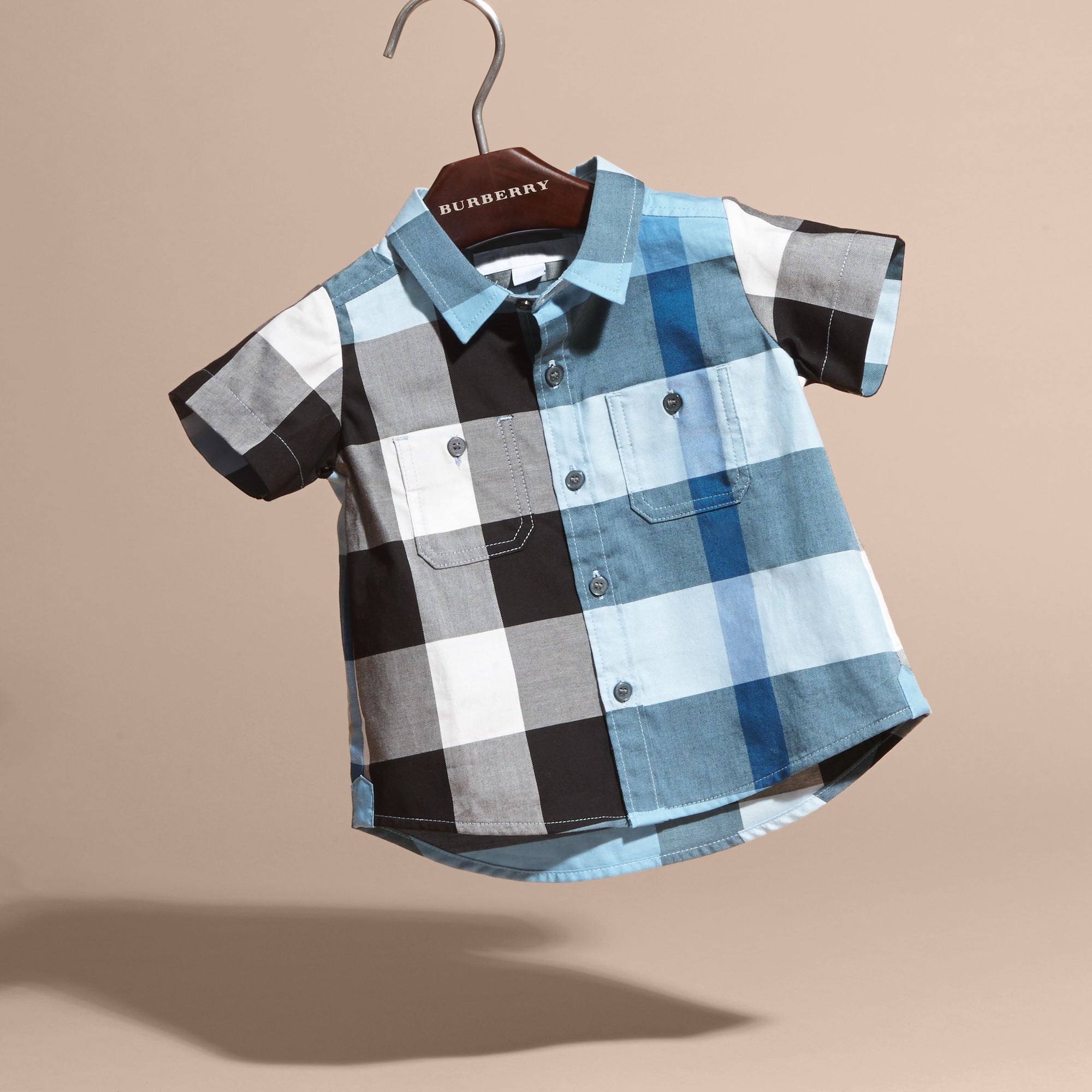 Chemise en coton à manches courtes avec motif check - Pale Blue