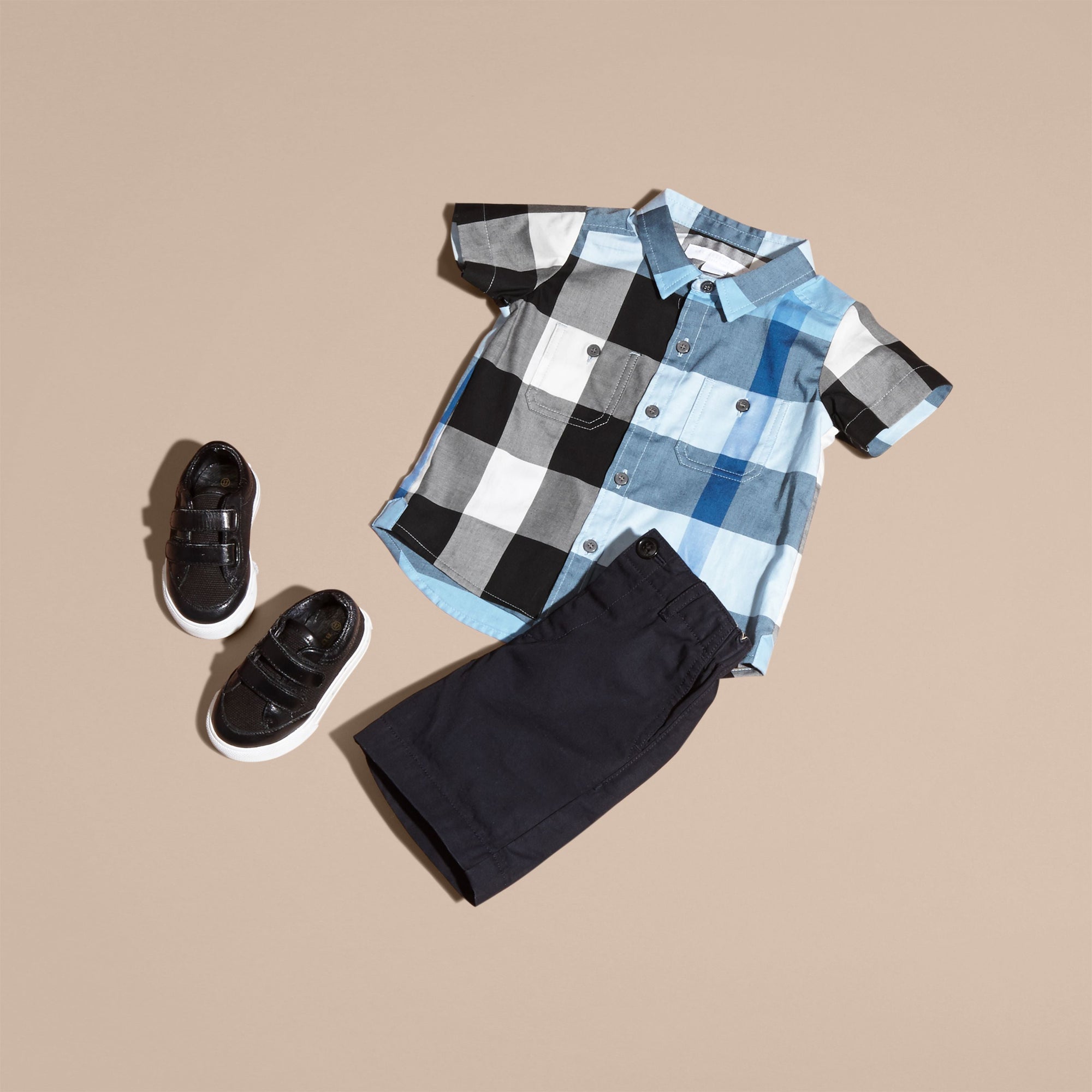 Chemise en coton à manches courtes avec motif check - Pale Blue