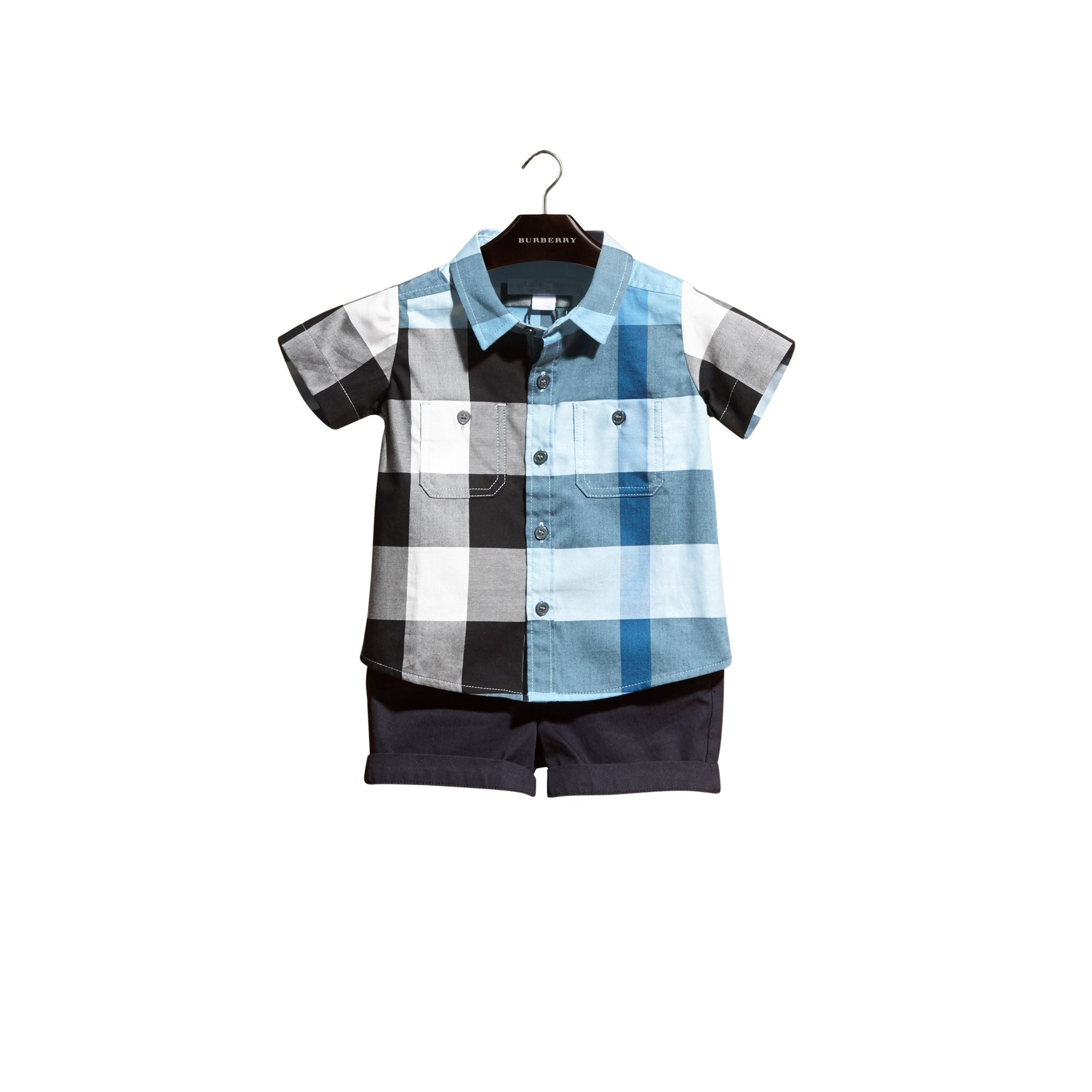Chemise en coton à manches courtes avec motif check - Pale Blue