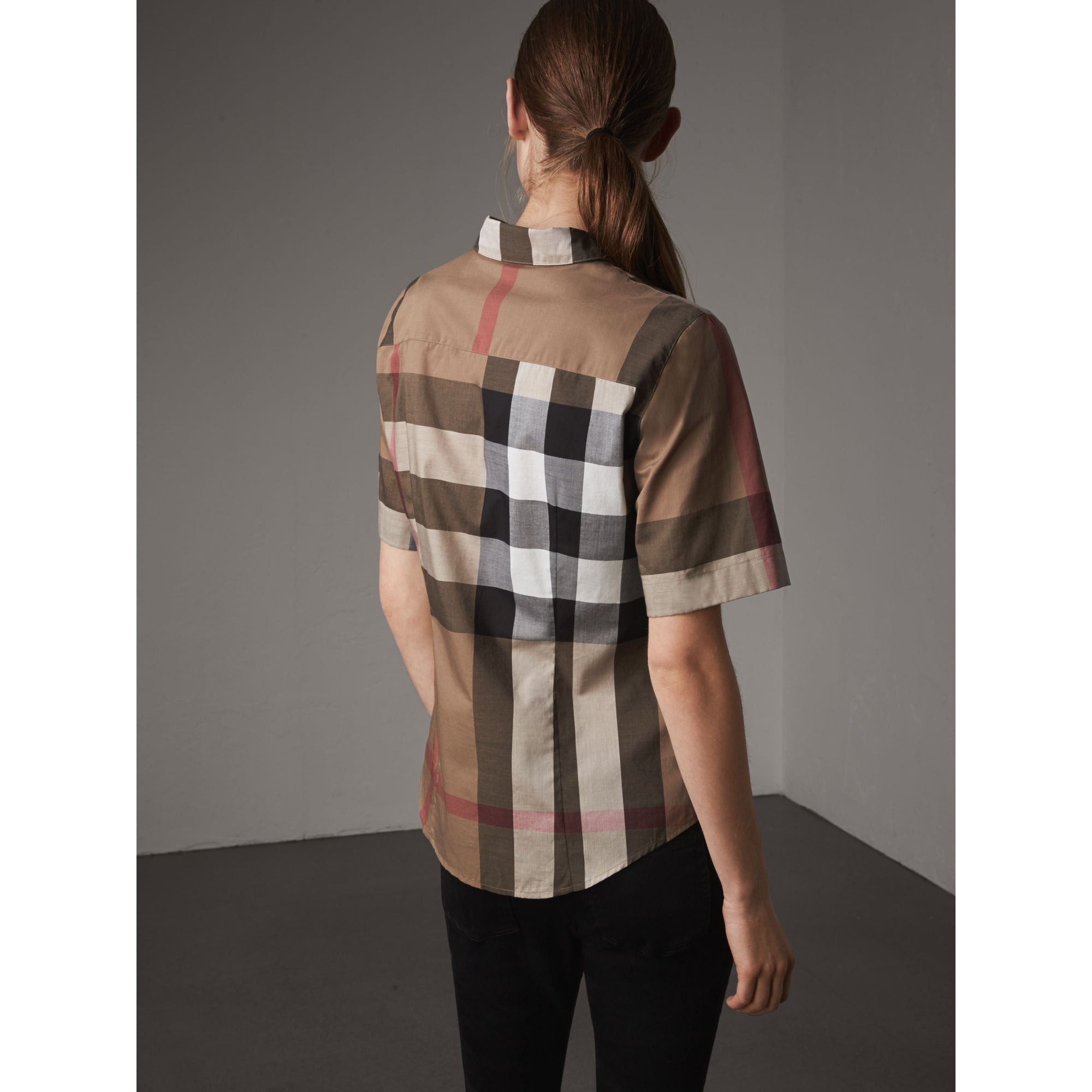 Chemise en coton à manches courtes avec motif check - Taupe Brown
